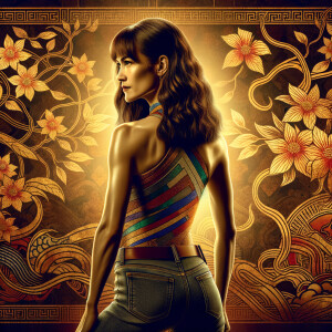 Athletic Thin skinny Attractive, Asian teenage girl, long brown hair and bangs, wearing tight skinny jeans and a halter top paint marks on her clothing, heroic pose Asian graffiti background, backside view