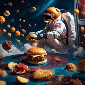 astronaut in space with burgers