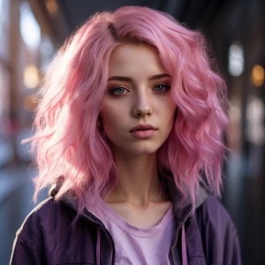Photo of A stunning 24yo female, pink hair and purple eyes. Phot...