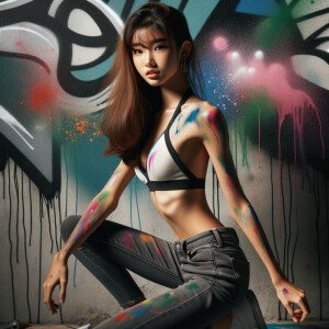 Very thin Athletic Thin skinny Attractive, Asian teenage girl, long brown hair and bangs, wearing tight skinny jeans and a halter top paint marks on her clothing, sitting side view heroic pose Asian graffiti