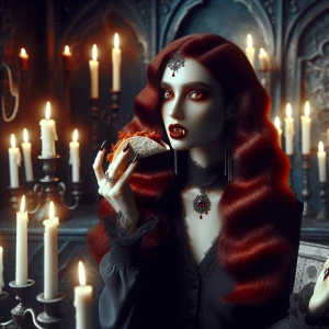In a dimly lit, candle-filled chamber, a captivating female vamp...