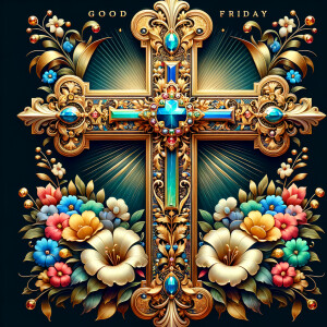 Create an image of a majestic cross, larger in size, with a harm...