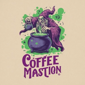 /imagine hand-drawn wizard in a fantasy robe brewing coffee in a...