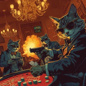 Well-dressed mafia cats exchanging gunfire inside a luxurious ca...