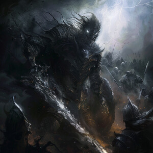 In a shadowy corner of a dark fantasy realm, a fearsome creature...