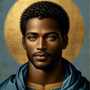 Create handsome African-American, Jesus, with Hazel Brown eyes wearing a blue and gold robe