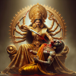 portrait of angry looking goddess durga sitting on a gold crown...