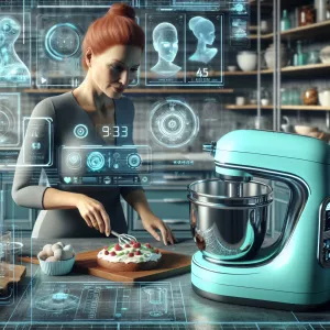 Create a photorealistic sci-fi image of a futuristic kitchen whe...