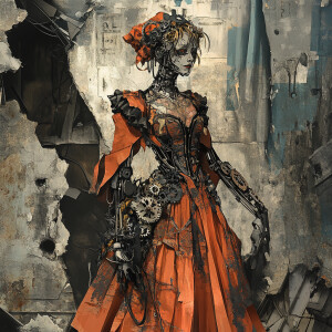 A regal but weathered cyborg queen, her metallic limbs covered i...