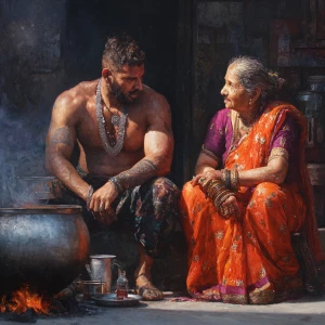 Hyperrealism oil painting.a beefy muscular sweaty criminal gujar...