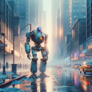 Street scene, cold colors, robot close-up, dim, doomsday feeling...