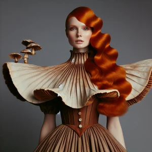 Ginger haired woman in a dress shaped like an upside down mushro...