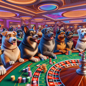 Dogs playing roulette at a roulette table in a casino 3D charact...