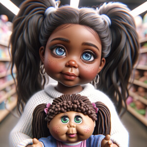 Create a 3-D realistic image of an African-American little girl above the age of five she has huge, blue eyes and thick long ponytails.
She is in a toy store and she is playing with her favorite african-American Cabbage Patch doll , the doll has deep, dimples and freckles