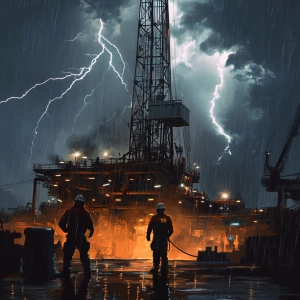 Texas oil rig workers working during a lightning storm, digital...
