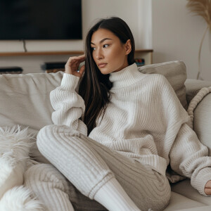 Photo of fair skinned hourglass figure woman with dark straight...