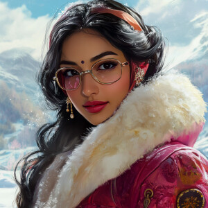 Create an image of an attractive Indian woman dressed in stylish...