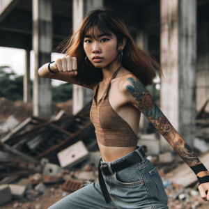 Thin Asian teen girl wearing tight jeans and a halter top Long brown hair and bangs, tattoos on her arms, athletic heroic pose