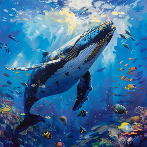 A whale swimming next to a school of fish
