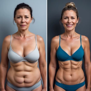 Create a side-by-side full body picture of a woman in her mid-fo...