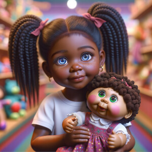 Create a 3-D realistic image of an African-American little girl above the age of five she has huge, blue eyes and thick long ponytails.
She is in a toy store and she is playing with her favorite african-American Cabbage Patch doll , the doll has deep, dimples and freckles