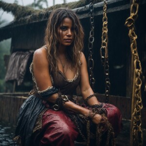 A drenched Wench clothes torn, squatting,  chained to a breeding...