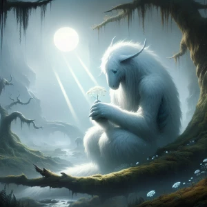 A huge, white-haired, gentle mythical creature sits in a misty,...