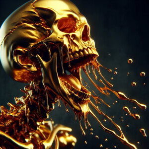A detailed and realistic depiction of a golden skeleton oozing m...