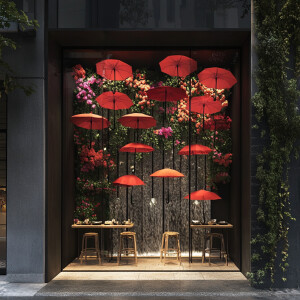 设计一间轻食店，门面北欧打卡风格，门墙有雨伞瀑布花可以打卡拍照