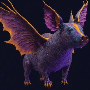 A vividly psychedelic-colored piglet with iridescent bat wings,...