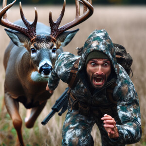 a man wearing camouflage being chased by super big white tail bu...
