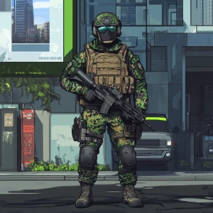 A character in a military setting, wearing a full camouflage com...