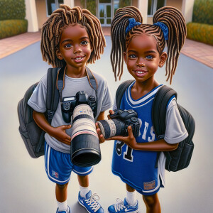 A highly detailed, realistic airbrush oil painting of two young...
