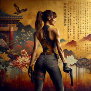 Athletic Thin skinny Attractive, Asian teenage girl, long brown hair and bangs, wearing tight skinny jeans and a halter top paint marks on her clothing, heroic pose Asian graffiti background, backside view