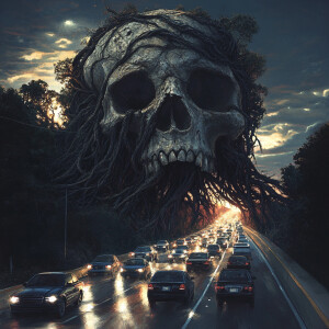 A serpentine highway, dense with rows of cars, trucks, and motor...