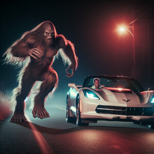 A Bigfoot with humanoid features captured in mid-sprint chasing...