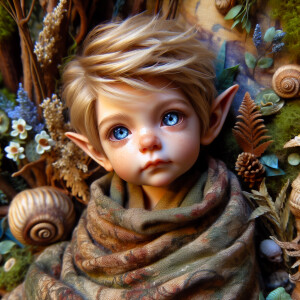An elven baby with dark brown skin, blue eyes, and blonde hair.