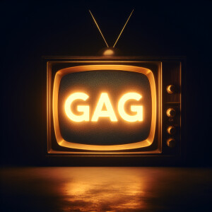 Eerie scene of a tube tv with the word “GAG” on the screen