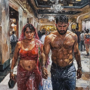 Realism sharp detailed painting.A sweaty beefy man walking with...