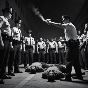 Two white police officers have two black men on the ground and h...