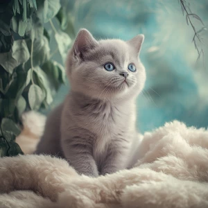 A photorealistic British Shorthair kitten with silver-blue fur a...