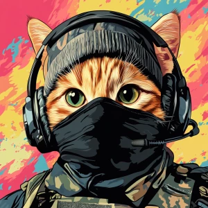 A wide-eyed ginger cat wearing a black tactical balaclava (or ma...