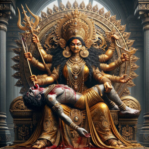 portrait of angry looking goddess durga sitting on a gold crown and carrying a weak mahishasur on her lap and stabbing him with her amazingly designed trident. She is wearing gold armor, a huge gold crown, gold saree, abundant  gold jewelry, covered in blood. The scene is set in ancient India. The image is 8K resolution, cinematic, ultra detailed face and epic.