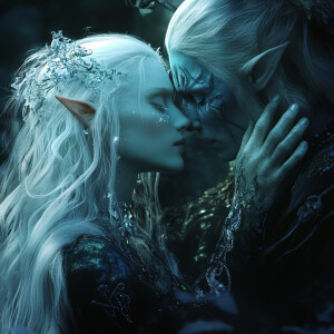 An ethereal albino elf with crystal aqua silver eyes bravely app...