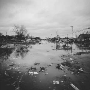 A flooded Texas landscape, with murky waters covering the street...