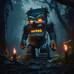 "Imagine a dark, foreboding jungle at dusk, shrouded in a thick...