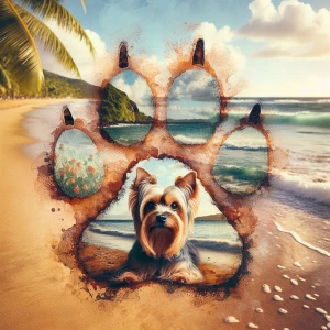 An oil and alcohol ink double exposure of a dog's paw print. Ins...