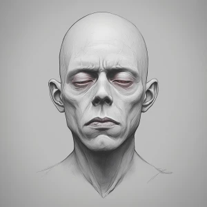 a pale, bald humanoid male with deep eye bags, hollow expression...