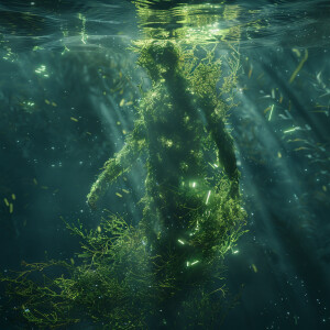 Create a dynamic scene of sea moss glowing underwater, emitting...