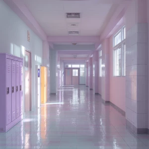 90s VHS aesthetics minimalistic school hallway